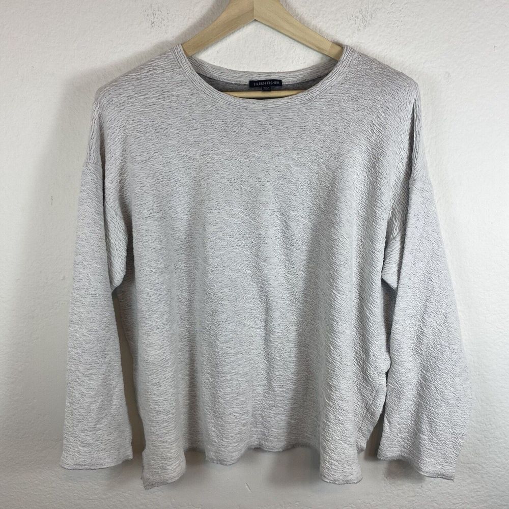 Eileen Fisher Womens Large Long‎ sleeve Oversized Top Textured Boxy Gray Tencel